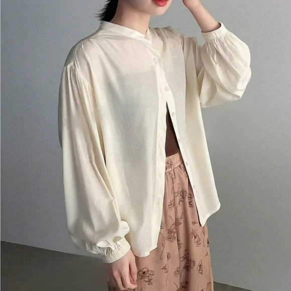 Cream ivory drop shoulder puff sleeve long sleeve button front shirt - Picture 2 of 2